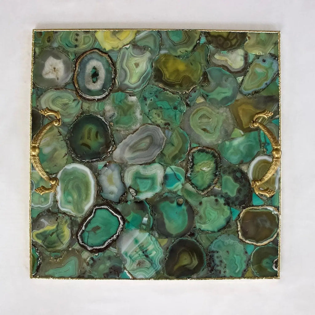 Light Green Agate Serving Tray With Brass Handles | Square The Tangerine Store
