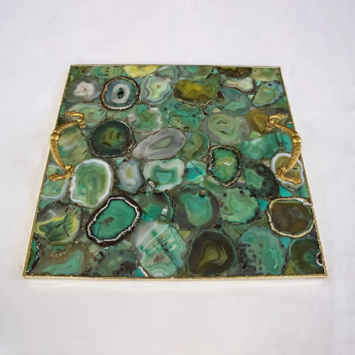 Light Green Agate Serving Tray With Brass Handles | Square The Tangerine Store