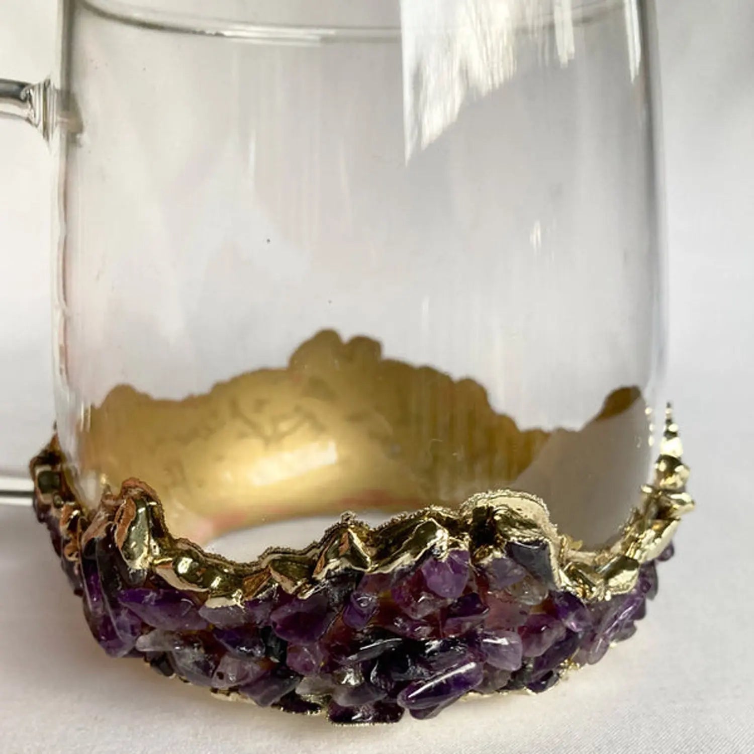 Set of 2 |Crystal Glass Coffee/Tea/Juice Mugs with Gold Plated Purple Amethyst Agate/Quartz Semi-precious Crystals | 17 oz/500 ml The Tangerine Store