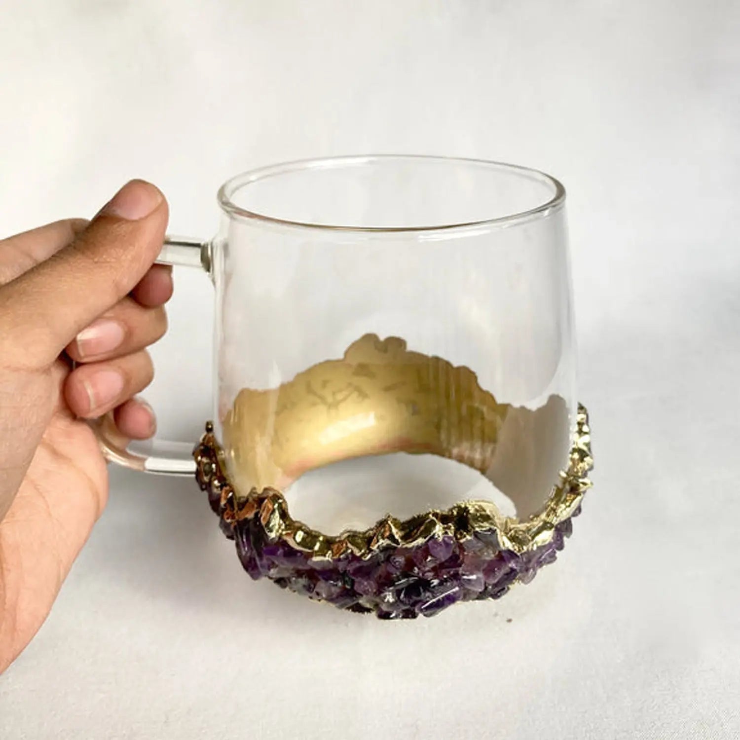 Set of 2 |Crystal Glass Coffee/Tea/Juice Mugs with Gold Plated Purple Amethyst Agate/Quartz Semi-precious Crystals | 17 oz/500 ml The Tangerine Store