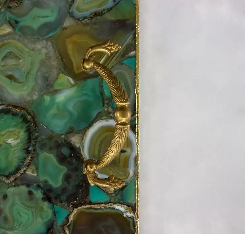 Light Green Agate Serving Tray With Brass Handles | Square The Tangerine Store